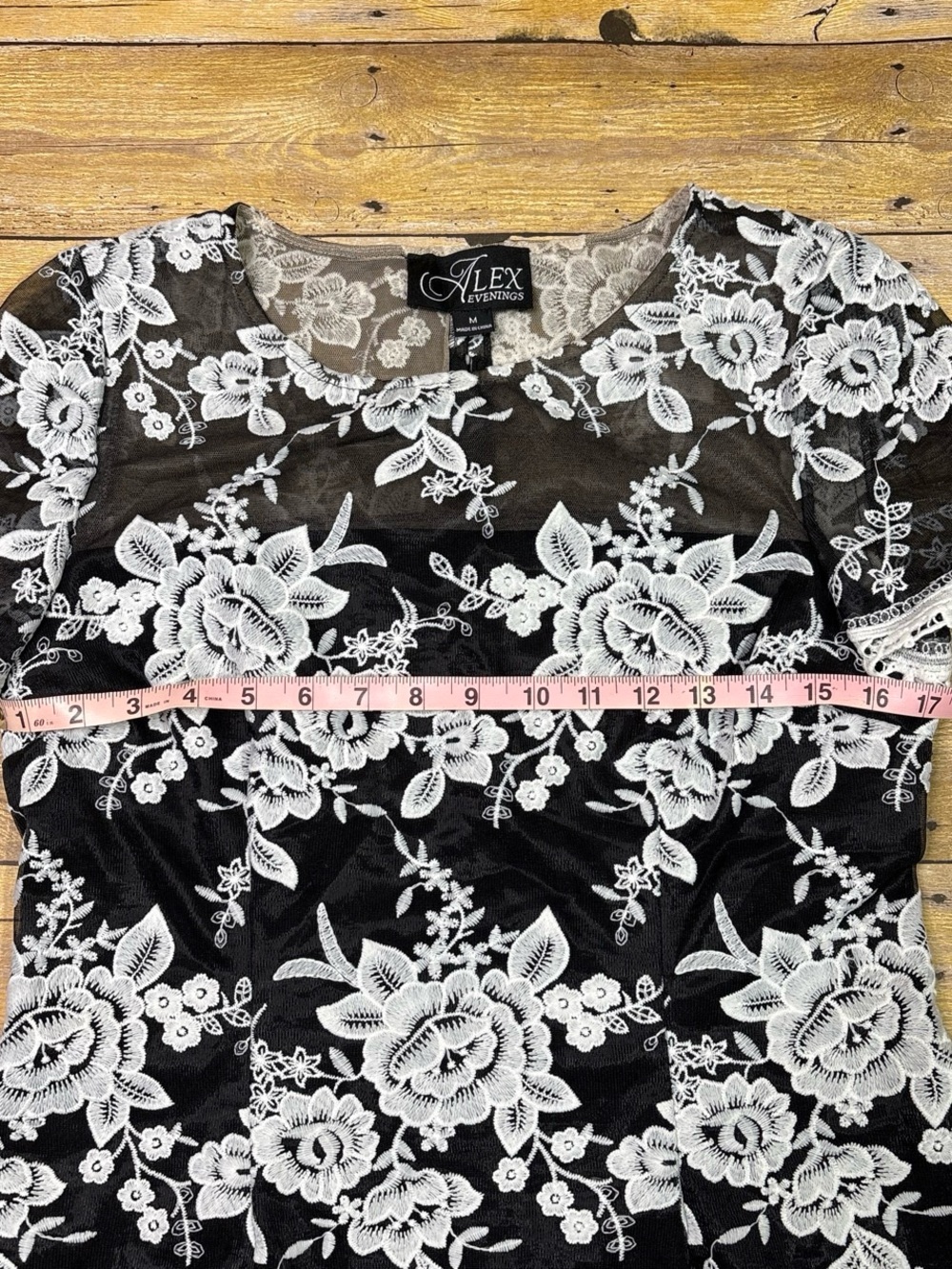 Alex Evenings Black Top with White Floral Lace Overlay - Picture 5 of 6